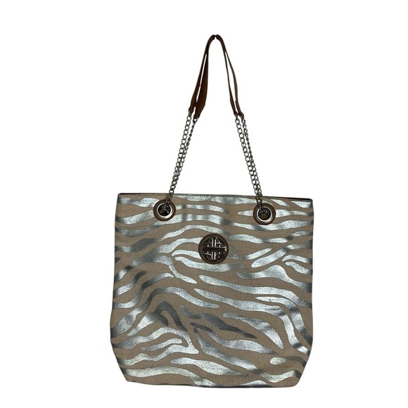 Kate Landry Silver Zebra Print Tote Bag Chain Strap Shoulder Bag - Picture 1 of 11